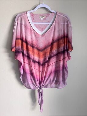 ONE WORLD Sheer Mesh Pink & Orange Tie-Dye V-Neck Dolman Sleeve Tie Front Top M